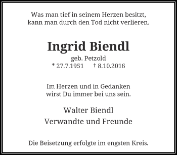 Traueranzeigen Von Ingrid Biendl Trauer Und Gedenken