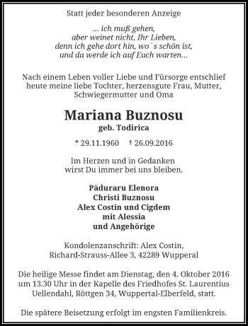 Traueranzeige von Mariana Buznosu von trauer.wuppertaler-rundschau.de