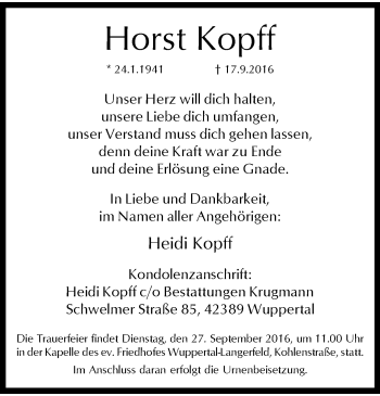 Traueranzeige von Horst Kopff von trauer.wuppertaler-rundschau.de