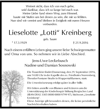 Traueranzeige von Lieselotte Kreinberg von trauer.wuppertaler-rundschau.de