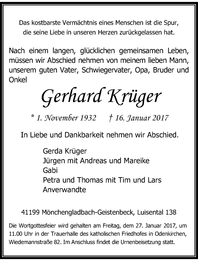  Traueranzeige für Gerhard Krüger vom 22.01.2017 aus trauer.extra-tipp-moenchengladbach.de