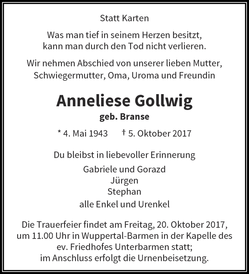  Traueranzeige für Anneliese Gollwig vom 14.10.2017 aus trauer.wuppertaler-rundschau.de