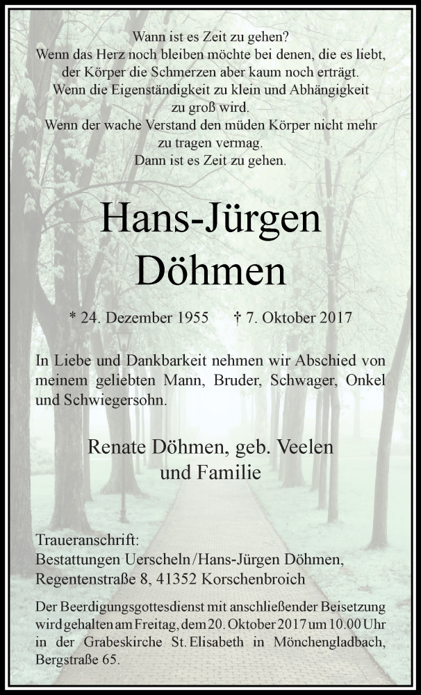  Traueranzeige für Hans-Jürgen Döhmen vom 15.10.2017 aus trauer.extra-tipp-moenchengladbach.de