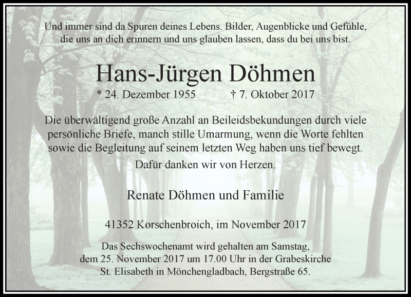  Traueranzeige für Hans-Jürgen Döhmen vom 19.11.2017 aus trauer.extra-tipp-moenchengladbach.de