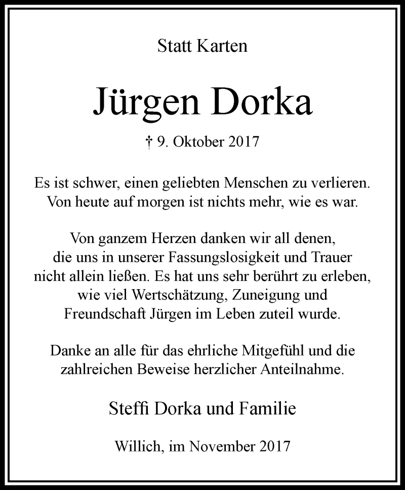  Traueranzeige für Jürgen Dorka vom 22.11.2017 aus trauer.extra-tipp-moenchengladbach.de