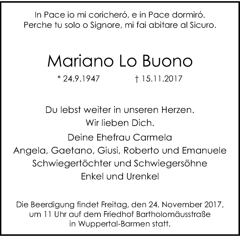  Traueranzeige für Mariano Lo Buono vom 22.11.2017 aus trauer.wuppertaler-rundschau.de
