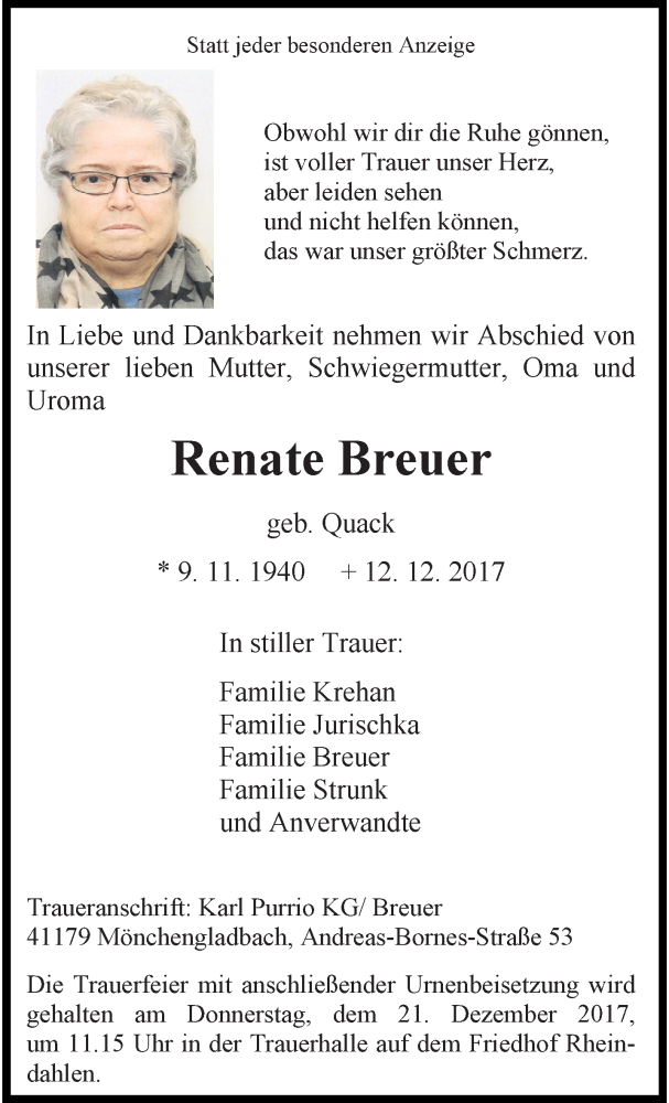  Traueranzeige für Renate Breuer vom 17.12.2017 aus trauer.extra-tipp-moenchengladbach.de