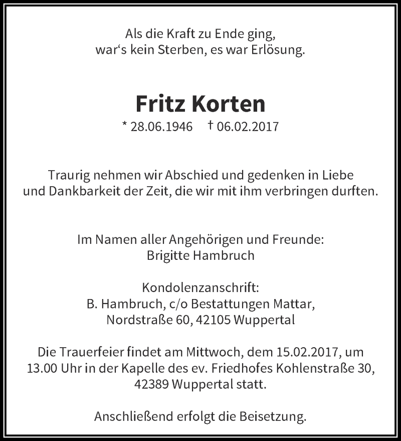 Traueranzeige für Fritz Korten vom 11.02.2017 aus trauer.wuppertaler-rundschau.de