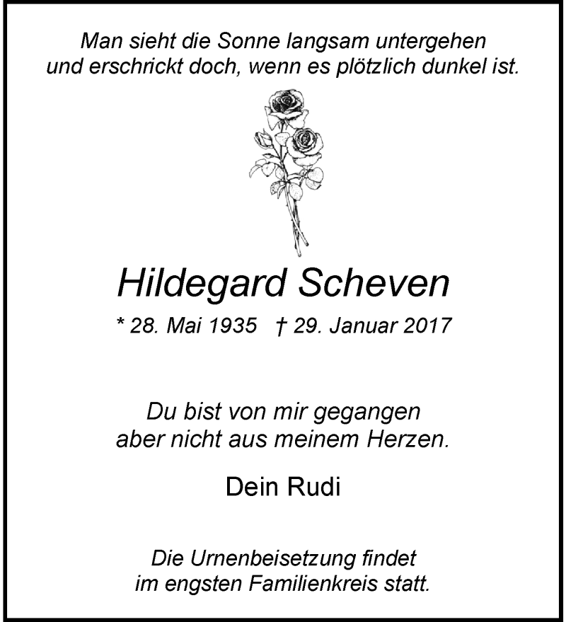  Traueranzeige für Hildegard Scheven vom 04.02.2017 aus trauer.wuppertaler-rundschau.de