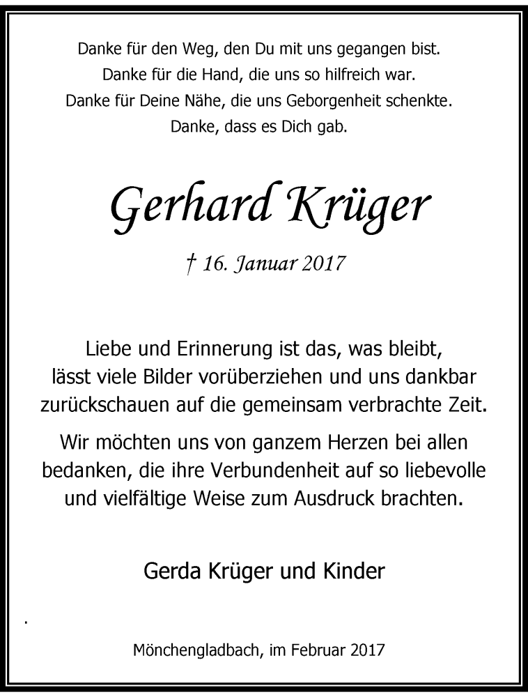 Traueranzeige für Gerhard Krüger vom 12.02.2017 aus trauer.extra-tipp-moenchengladbach.de