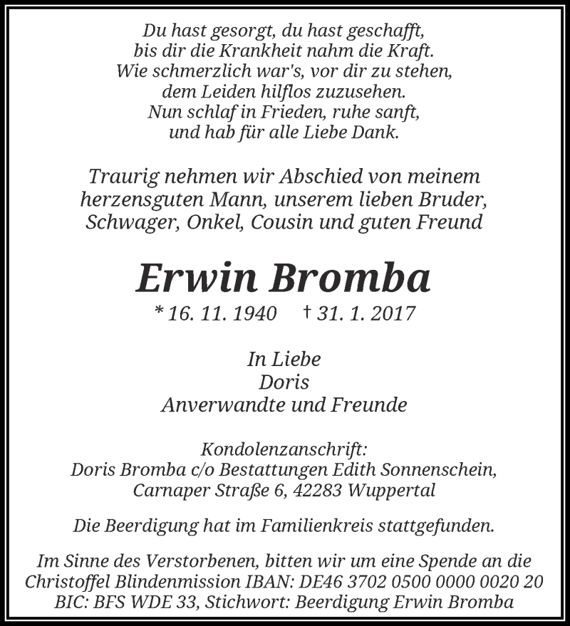  Traueranzeige für Erwin Bromba vom 11.02.2017 aus trauer.wuppertaler-rundschau.de