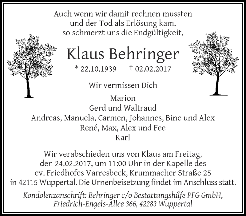  Traueranzeige für Klaus Behringer vom 11.02.2017 aus trauer.wuppertaler-rundschau.de