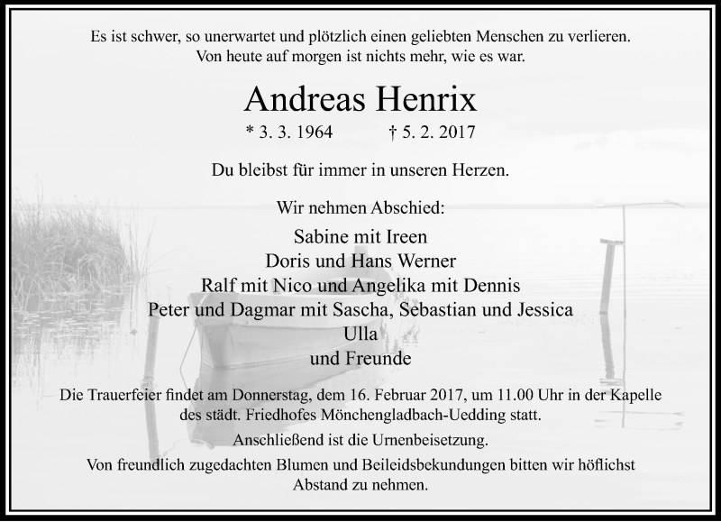  Traueranzeige für Andreas Henrix vom 12.02.2017 aus trauer.extra-tipp-moenchengladbach.de