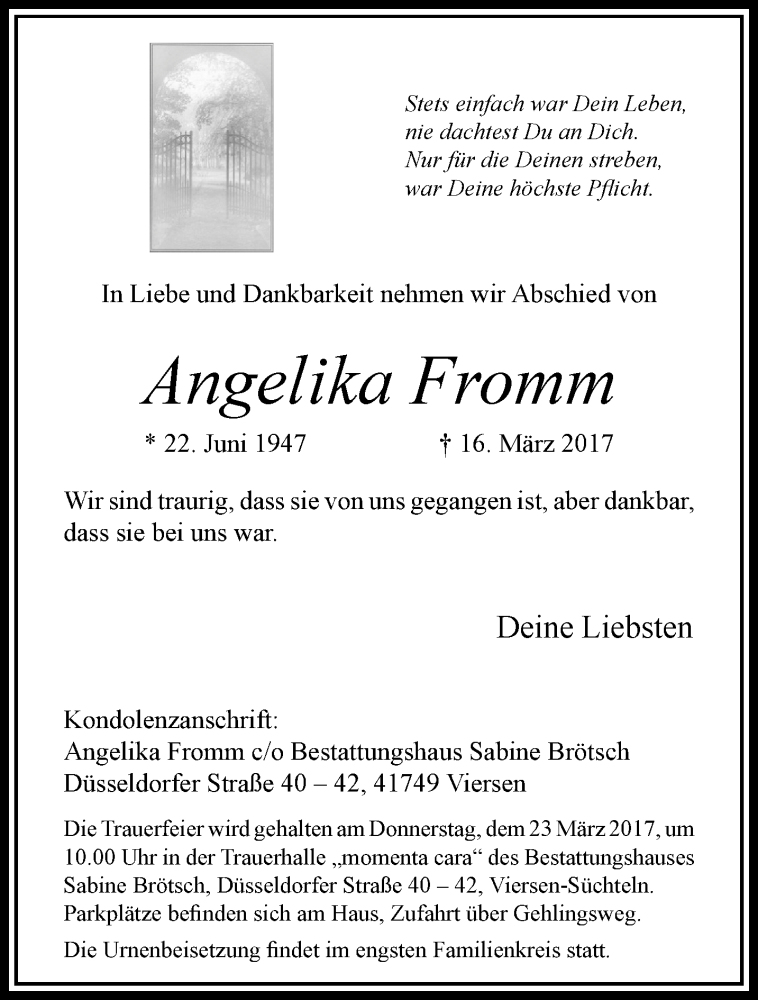  Traueranzeige für Angelika Fromm vom 19.03.2017 aus trauer.extra-tipp-moenchengladbach.de