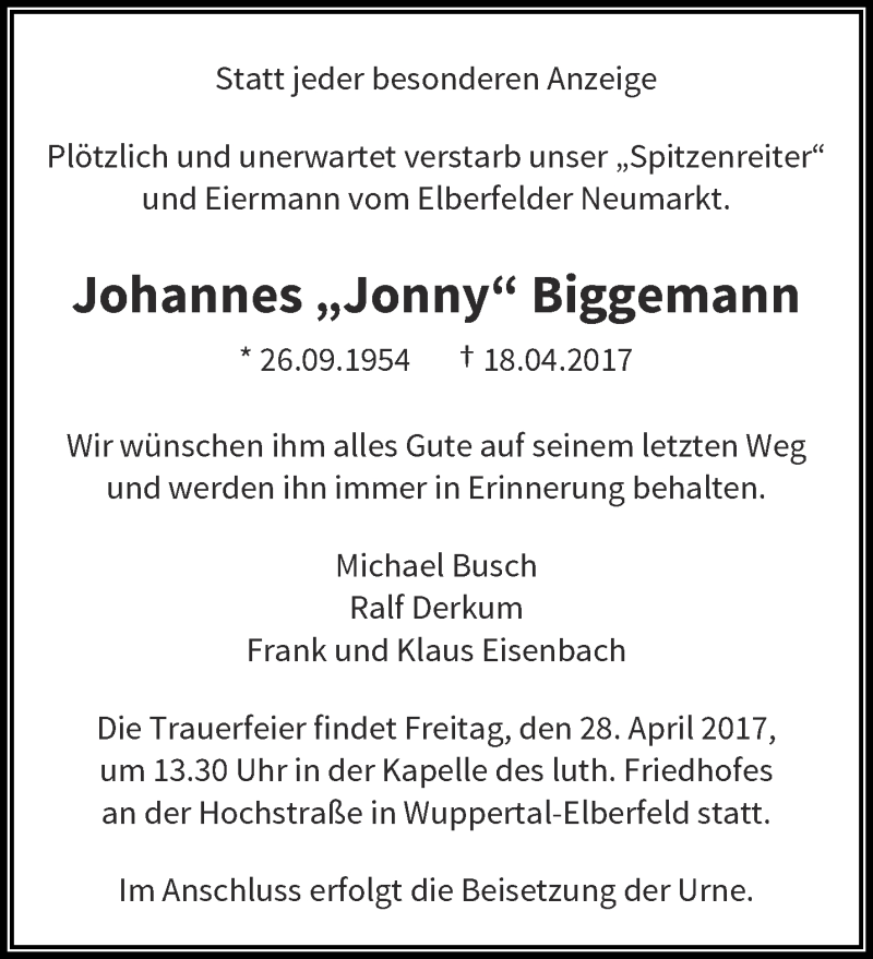  Traueranzeige für Johannes  Biggemann vom 26.04.2017 aus trauer.wuppertaler-rundschau.de