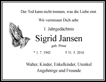 Traueranzeigen Von Sigrid Jansen Trauer Und Gedenken