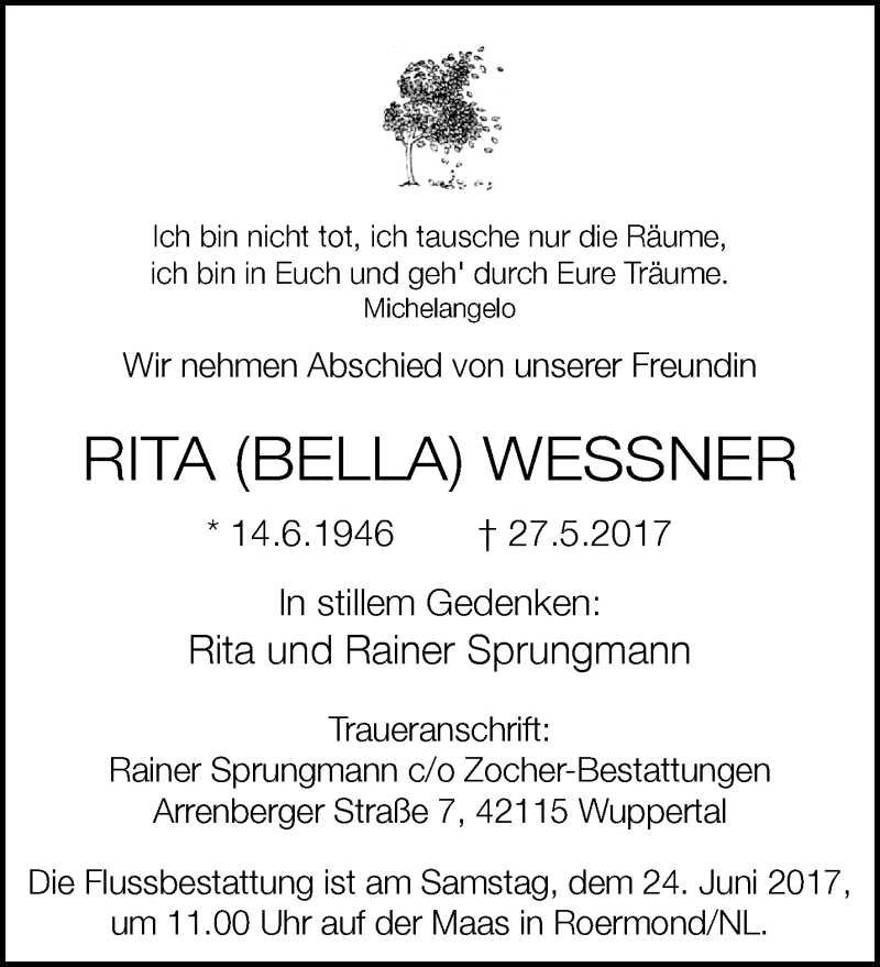  Traueranzeige für Rita Wessner vom 17.06.2017 aus trauer.wuppertaler-rundschau.de