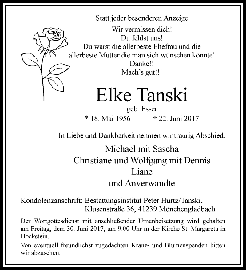 Traueranzeige für Elke Tanski vom 25.06.2017 aus trauer.extra-tipp-moenchengladbach.de
