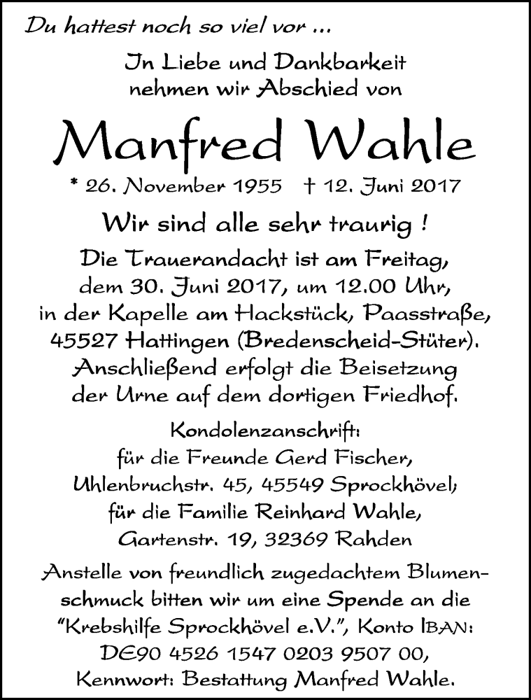  Traueranzeige für Manfred Wahle vom 24.06.2017 aus trauer.wuppertaler-rundschau.de