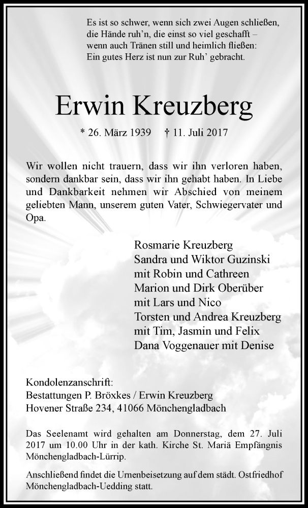  Traueranzeige für Erwin Kreuzberg vom 16.07.2017 aus trauer.extra-tipp-moenchengladbach.de