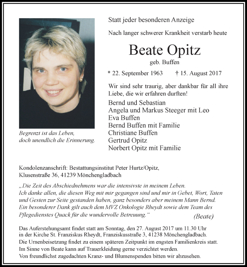 Traueranzeige für Beate Opitz vom 20.08.2017 aus trauer.extra-tipp-moenchengladbach.de