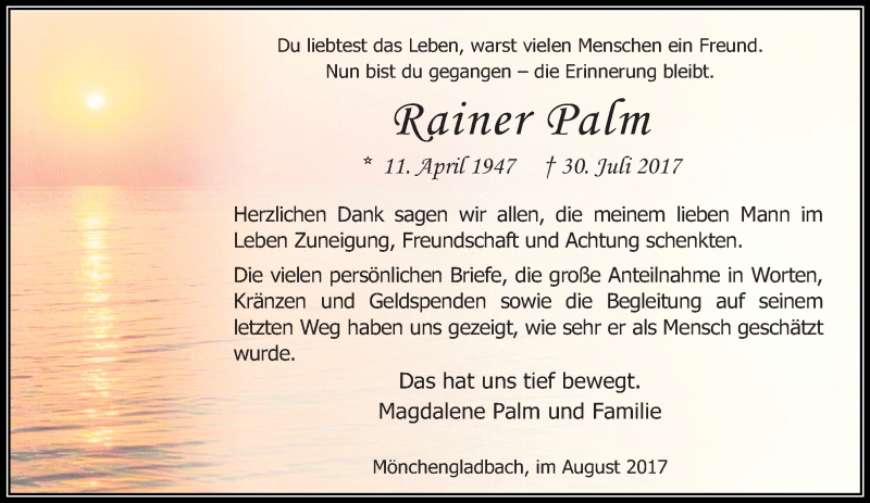  Traueranzeige für Rainer Palm vom 06.09.2017 aus trauer.extra-tipp-moenchengladbach.de