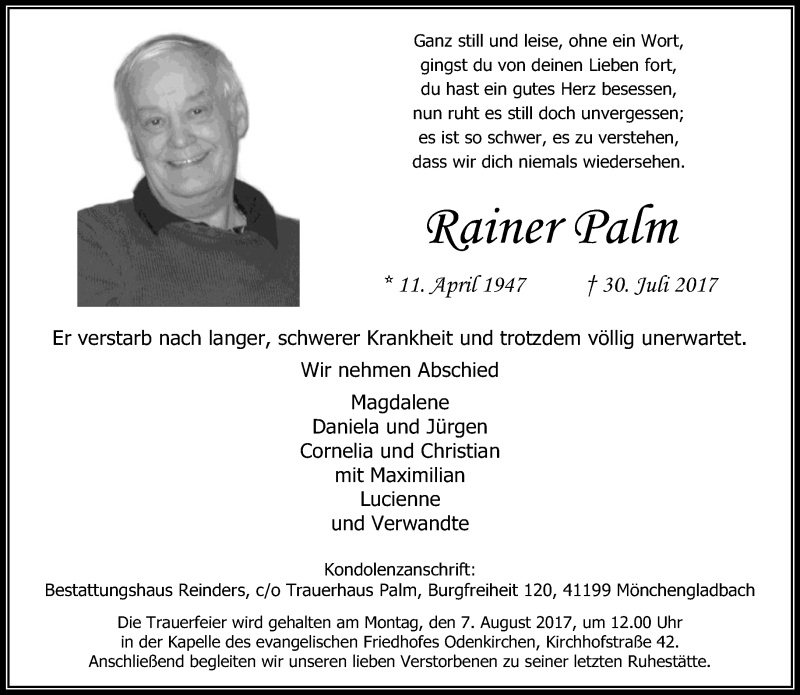  Traueranzeige für Rainer Palm vom 02.08.2017 aus trauer.extra-tipp-moenchengladbach.de