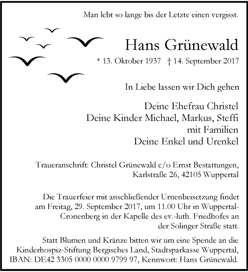  Traueranzeige für Hans Grünewald vom 23.09.2017 aus trauer.wuppertaler-rundschau.de