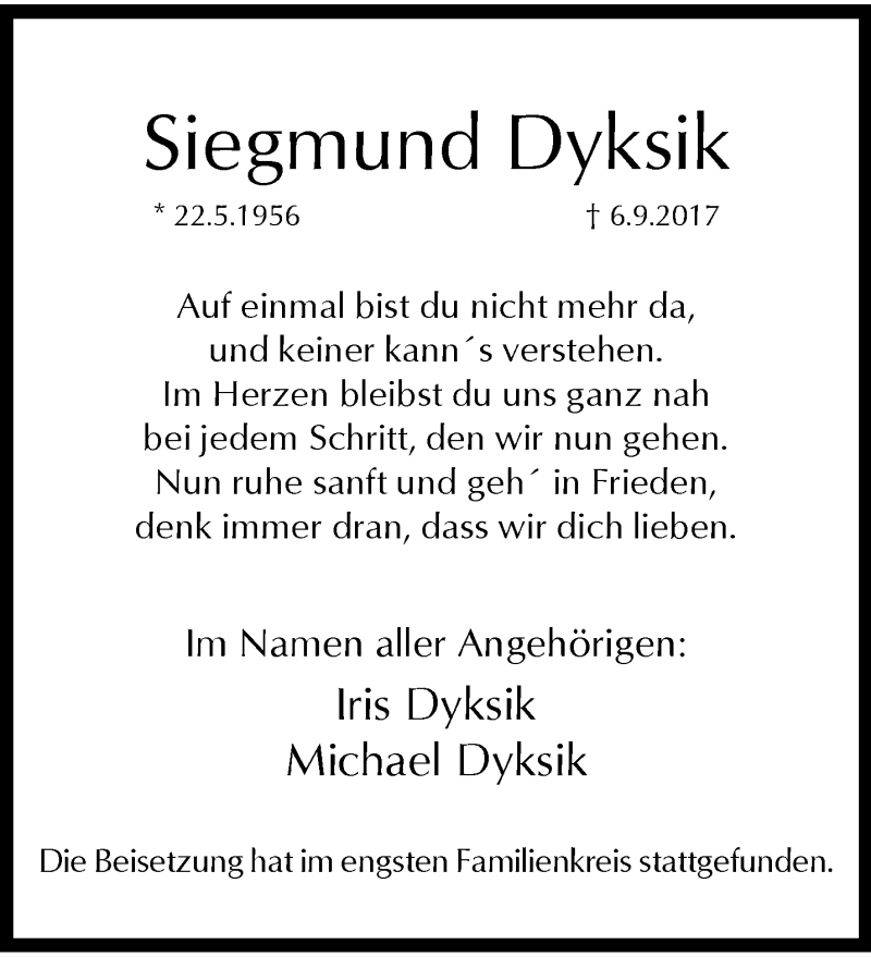  Traueranzeige für Siegmund Dyksik vom 20.09.2017 aus trauer.wuppertaler-rundschau.de