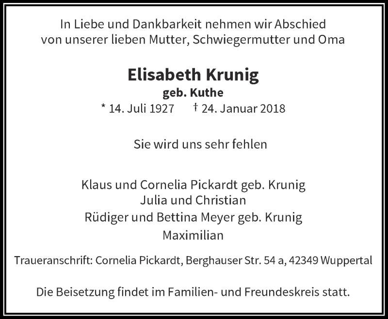  Traueranzeige für Elisabeth Krunig vom 27.01.2018 aus trauer.wuppertaler-rundschau.de