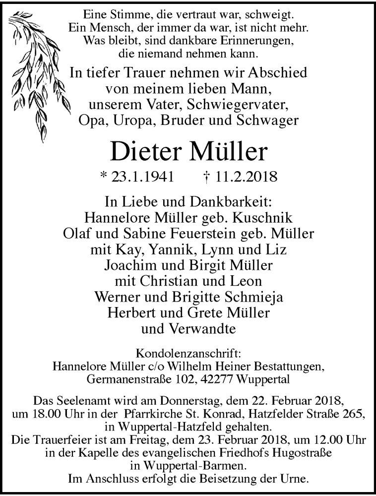  Traueranzeige für Dieter Müller vom 17.02.2018 aus trauer.wuppertaler-rundschau.de