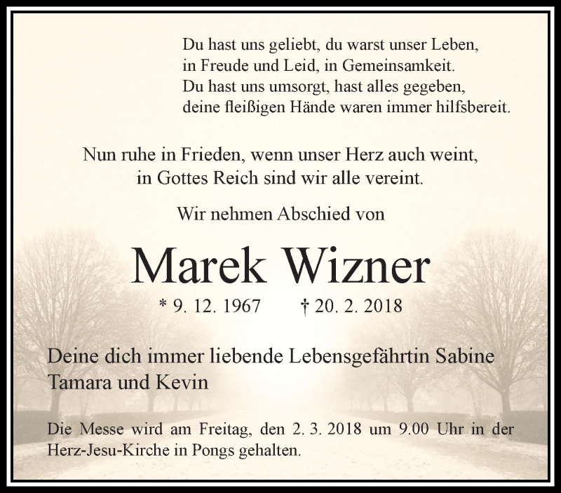  Traueranzeige für Marek Wizner vom 28.02.2018 aus trauer.extra-tipp-moenchengladbach.de