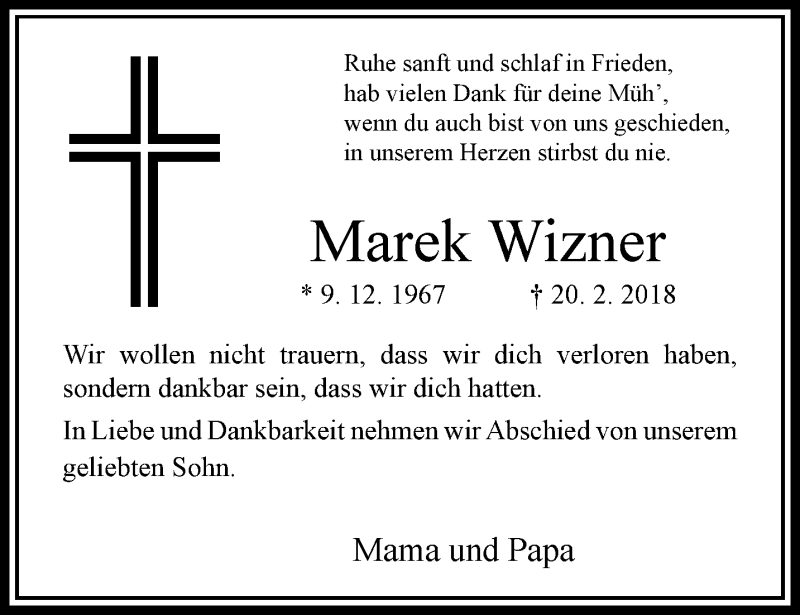  Traueranzeige für Marek Wizner vom 25.02.2018 aus trauer.extra-tipp-moenchengladbach.de