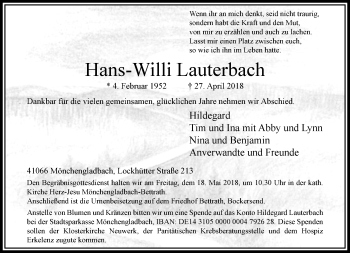 Traueranzeige von Hans-Willi Lauterbach von trauer.extra-tipp-moenchengladbach.de