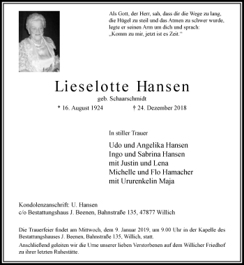 Traueranzeigen Von Lieselotte Hansen Trauer Und Gedenken