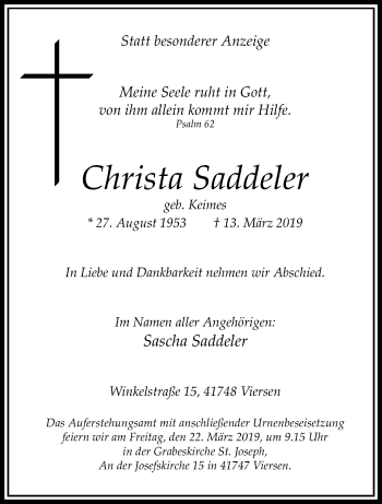 Traueranzeigen Von Christa Saddeler Trauer Und Gedenken