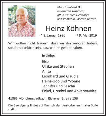 Traueranzeige von Heinz Köhnen von trauer.extra-tipp-moenchengladbach.de