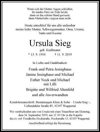 Traueranzeigen Von Ursula Sieg Trauer Und Gedenken