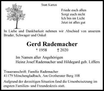 Traueranzeigen Von Gerd Rademacher Trauer Und Gedenken