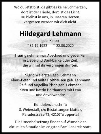 Traueranzeigen Von Hildegard Lehmann Trauer Und Gedenken