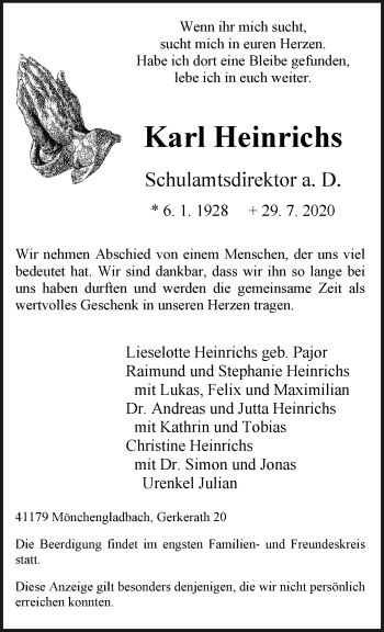 Traueranzeigen Von Karl Heinrichs Trauer Und Gedenken