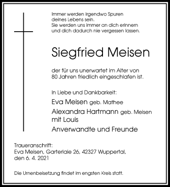 Traueranzeige von Siegfried Meisen von trauer.wuppertaler-rundschau.de
