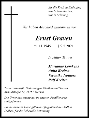 Traueranzeige von Ernst Graven von trauer.extra-tipp-moenchengladbach.de