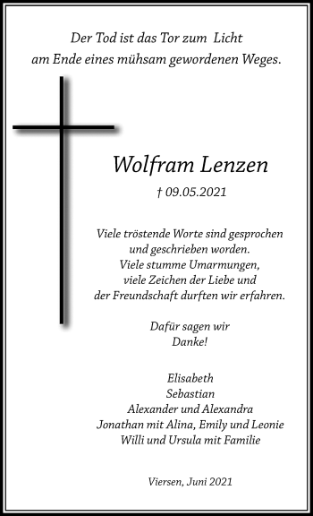 Traueranzeige von Wolfram Lenzen von trauer.extra-tipp-moenchengladbach.de