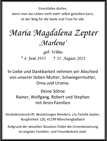 Traueranzeigen Von Maria Magdalena Zepter Trauer Und Gedenken