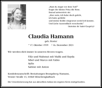 Traueranzeigen Von Claudia Hamann Trauer Und Gedenken