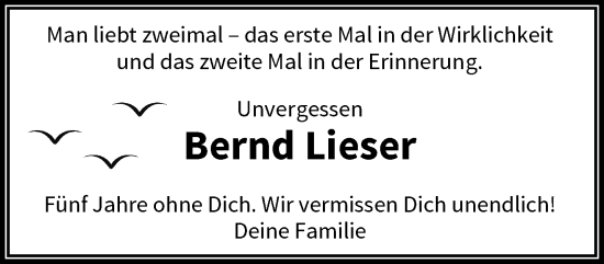 Traueranzeige von Bernd Lieser von trauer.wuppertaler-rundschau.de