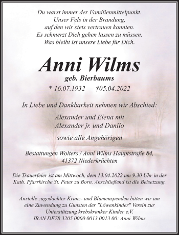 Traueranzeige von Anni Wilms von trauer.extra-tipp-moenchengladbach.de