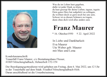 Traueranzeigen Von Franz Maurer Trauer Und Gedenken