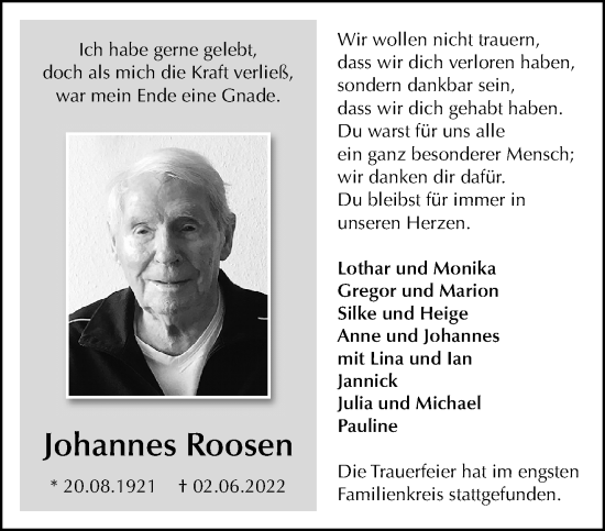 Traueranzeige von Johannes Roosen von trauer.mein.krefeld.de